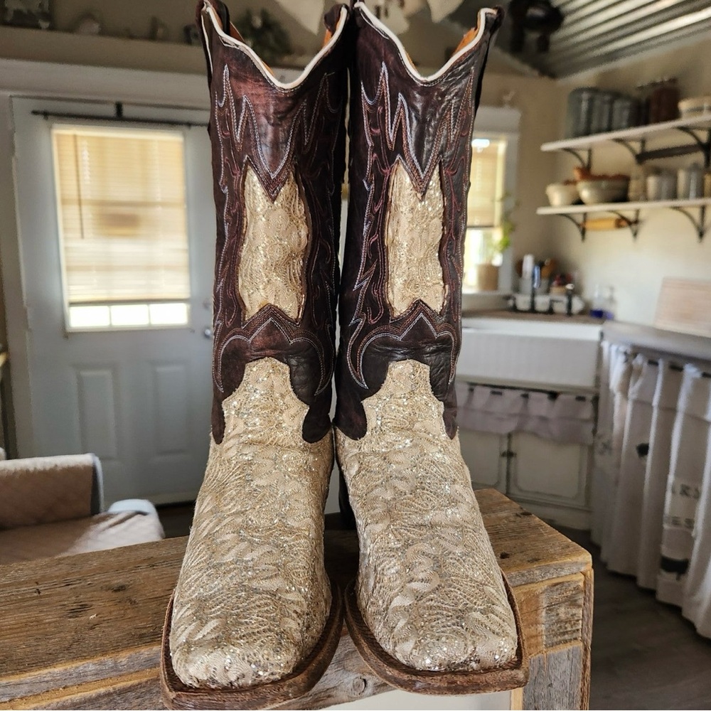 Tanner Mark Women Leather Glitter Square Toe Western Boots 12 Wedding western